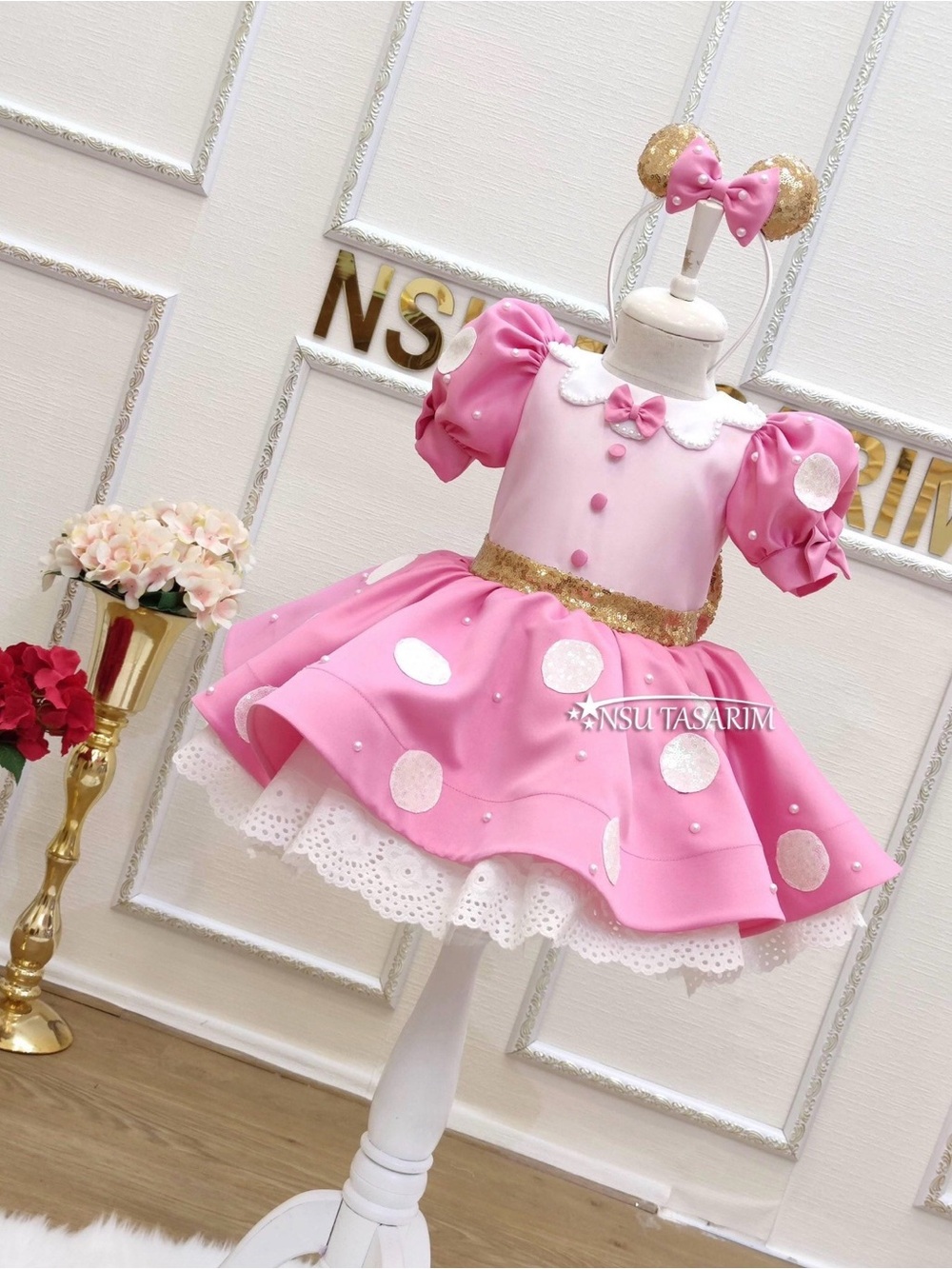 Pink Polka Dot Minnie-Style Party Dress with Gold Accents